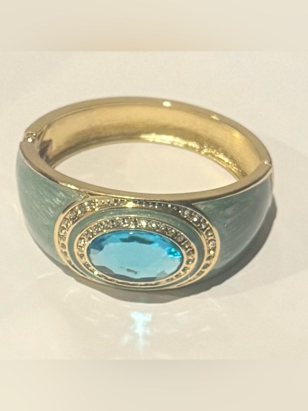 New No Tag Gold-Tone Aqua Blue Crystal Mint Enamel Hinged Cuff from Avalaya